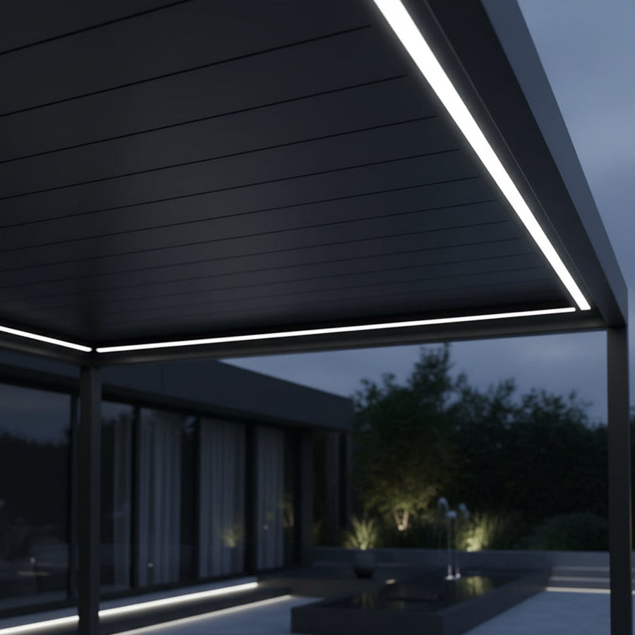 Integrated LED kit for the Aperto motorised pergola, showing LED strip and connector