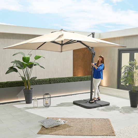 Genesis Grey Frame Cantilever Parasol — in use outdoors