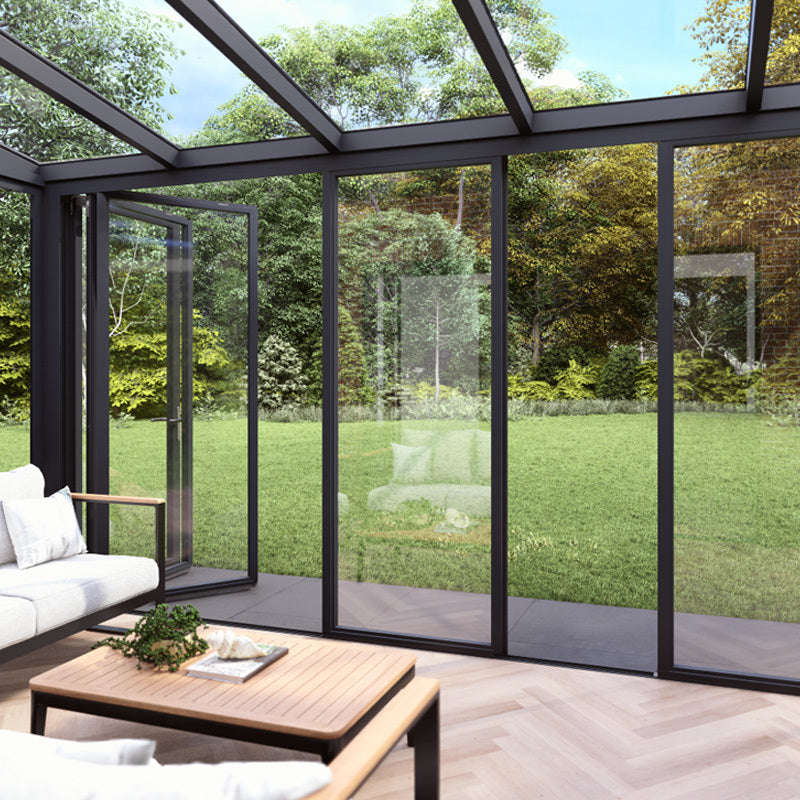 Deponti Viewline slide and turn glass door system in anthracite, all panels turned fully open
