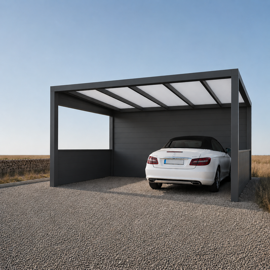 The Tetto freestanding aluminium carport in anthracite covering a vehicle, standalone on a driveway