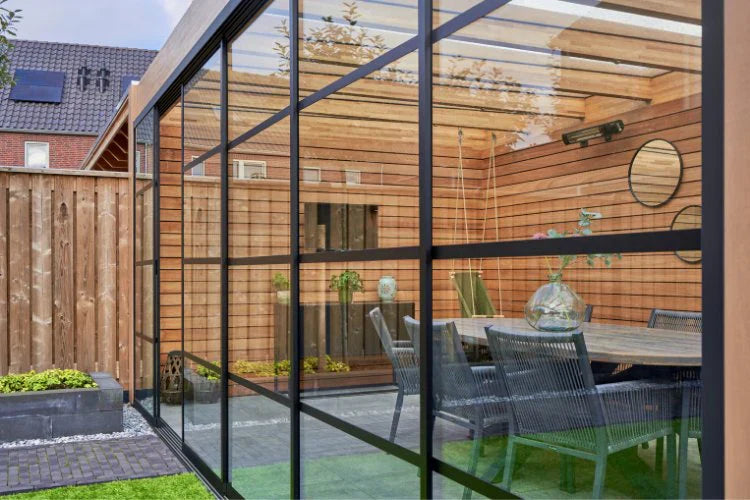 Frameless Steel Look Glass Door Panel | Deponti Steel Look Profiles | Horizontal Bar Design | For Fiano Sliding Rail System | Industrial Aesthetic