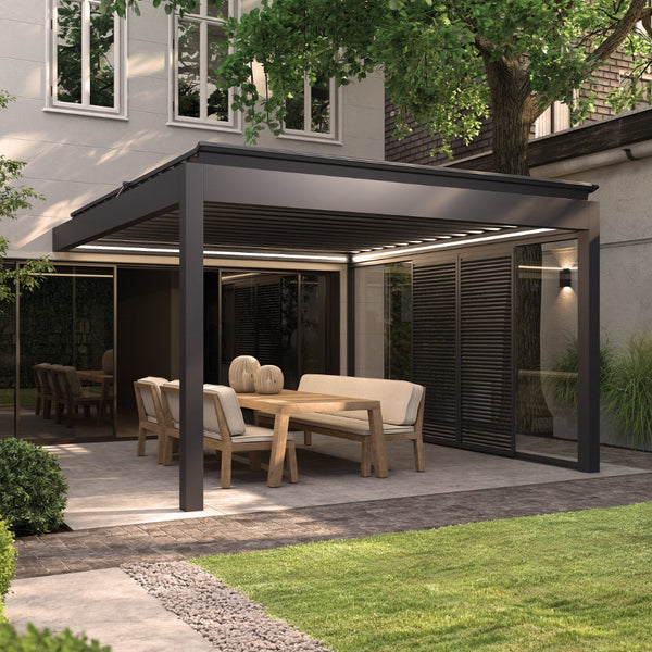 Deponti Pinela Tilt motorised louvred pergola in anthracite, wide-span louvres open overhead