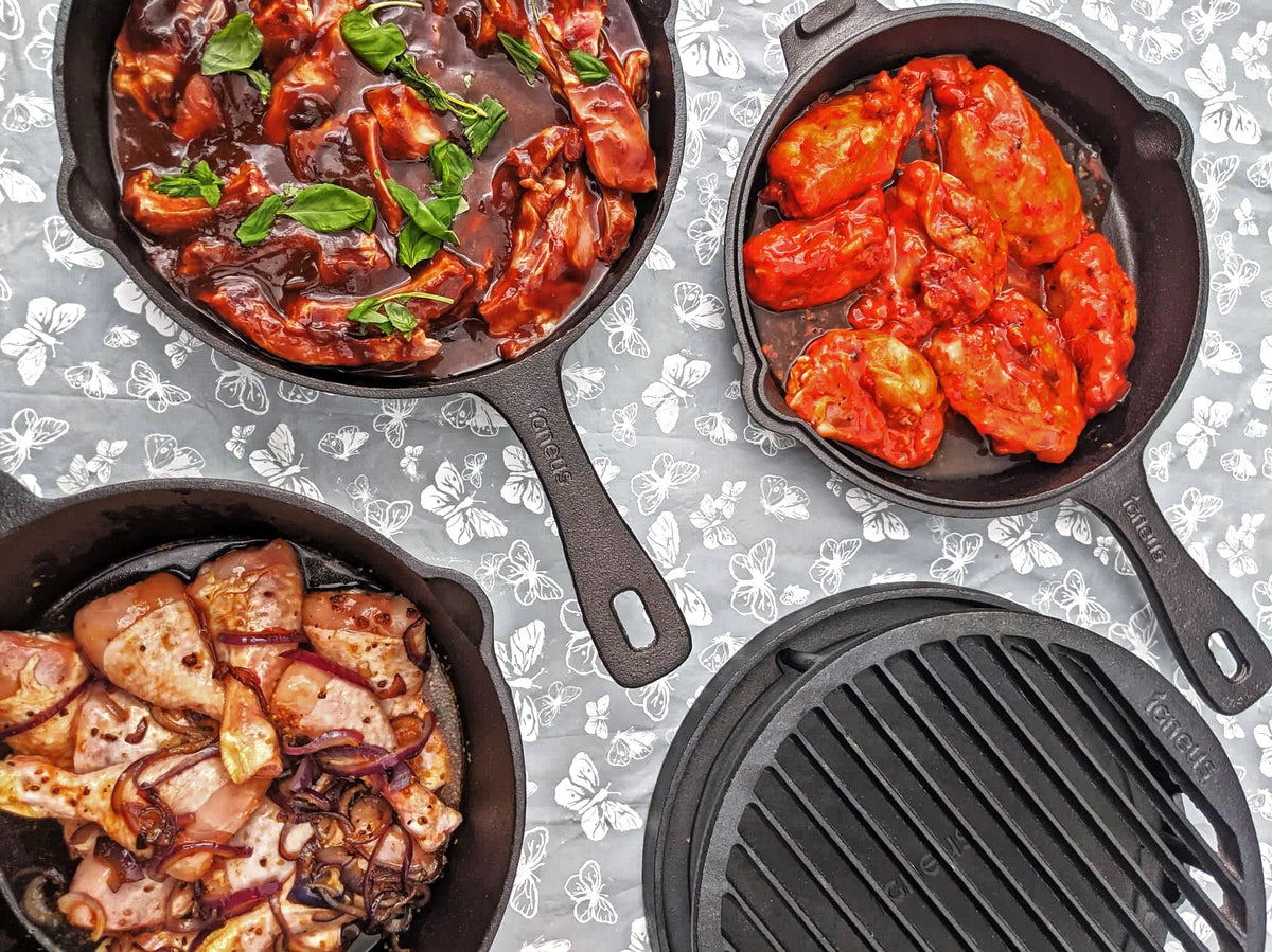 Igneus 3 Part Cast Iron Pan Set — in use outdoors