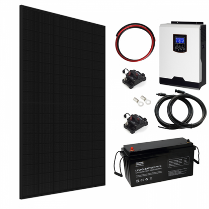1kW complete off-grid solar power system with 430W Sharp panel, hybrid inverter and lithium battery