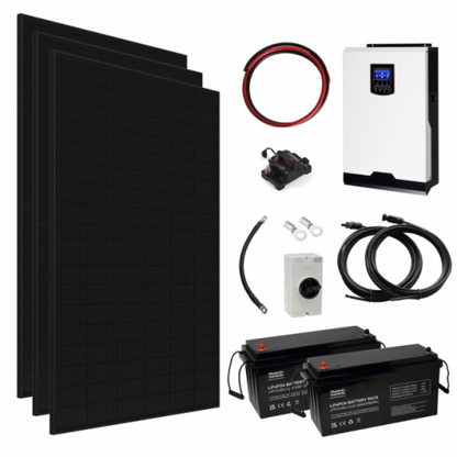 3kW complete off-grid solar power system with 430W Sharp panels, hybrid inverter and lithium batteries