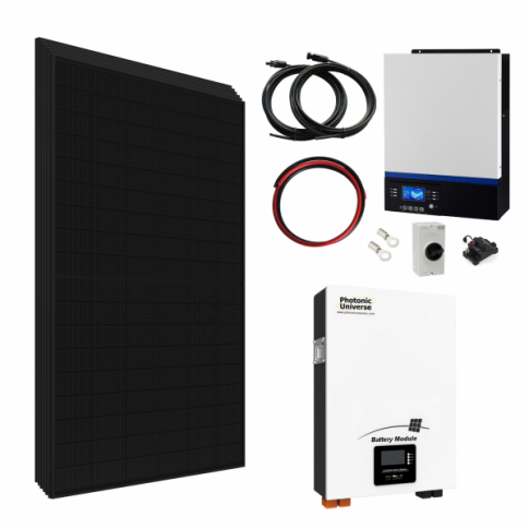5kW complete off-grid solar power system with 430W Sharp panels, hybrid inverter and wall-mounted lithium battery