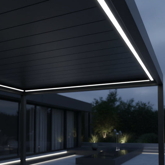 Integrated LED kit for the Aperto motorised pergola, showing LED strip and connector