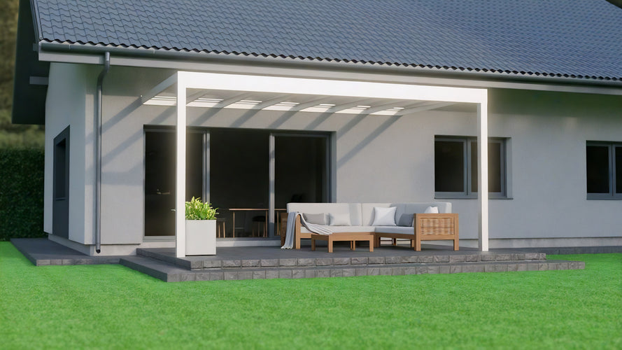 Aluminium Flat Roof Veranda | Deponti Trebbiano | 8.8mm Safety Glass | Spans Up To 7m | Integrated LED | Low-Height Compatible