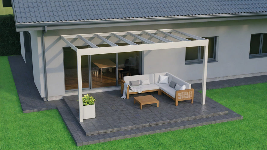 Aluminium Flat Roof Veranda | Deponti Trebbiano | 8.8mm Safety Glass | Spans Up To 7m | Integrated LED | Low-Height Compatible