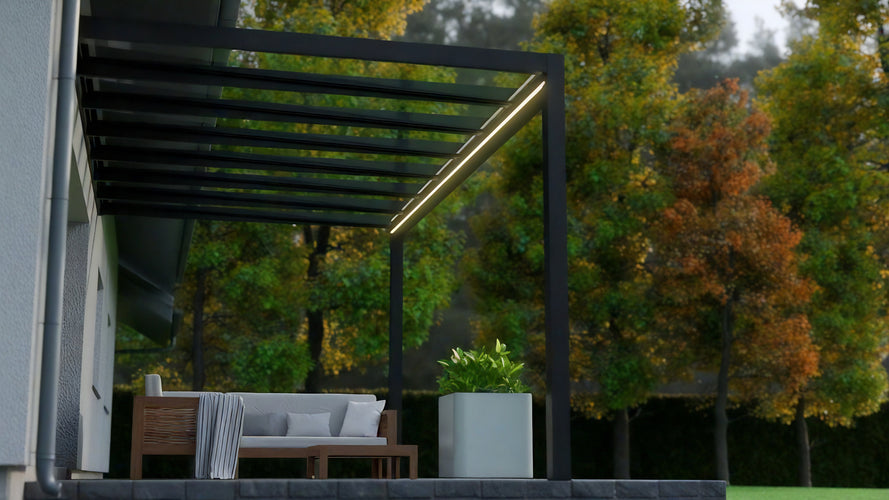 Aluminium Flat Roof Veranda | Deponti Trebbiano | 8.8mm Safety Glass | Spans Up To 7m | Integrated LED | Low-Height Compatible