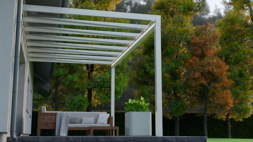Aluminium Flat Roof Veranda | Deponti Trebbiano | 8.8mm Safety Glass | Spans Up To 7m | Integrated LED | Low-Height Compatible