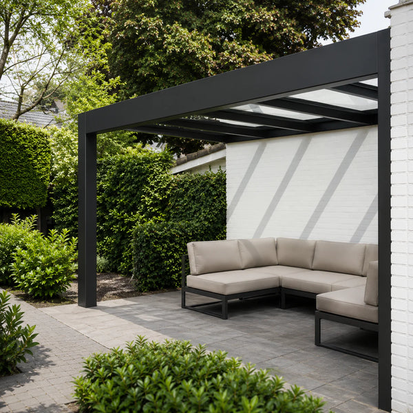 Aluminium Flat Roof Veranda | Deponti Trebbiano | 8.8mm Safety Glass | Spans Up To 7m | Integrated LED | Low-Height Compatible