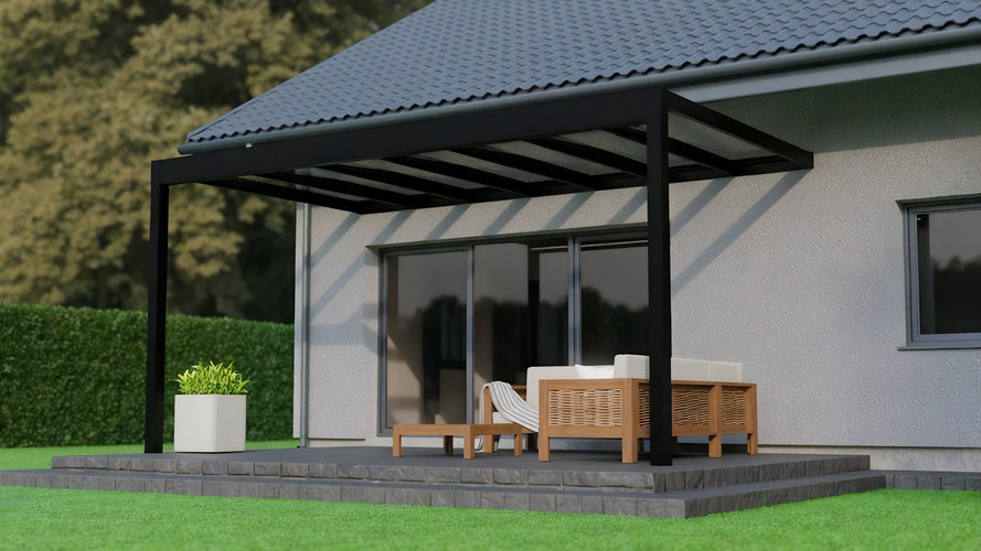 Aluminium Flat Roof Veranda | Deponti Trebbiano | 8.8mm Safety Glass | Spans Up To 7m | Integrated LED | Low-Height Compatible
