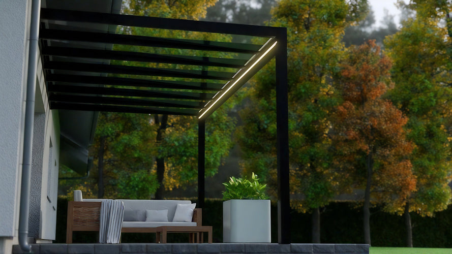 Aluminium Flat Roof Veranda | Deponti Trebbiano | 8.8mm Safety Glass | Spans Up To 7m | Integrated LED | Low-Height Compatible