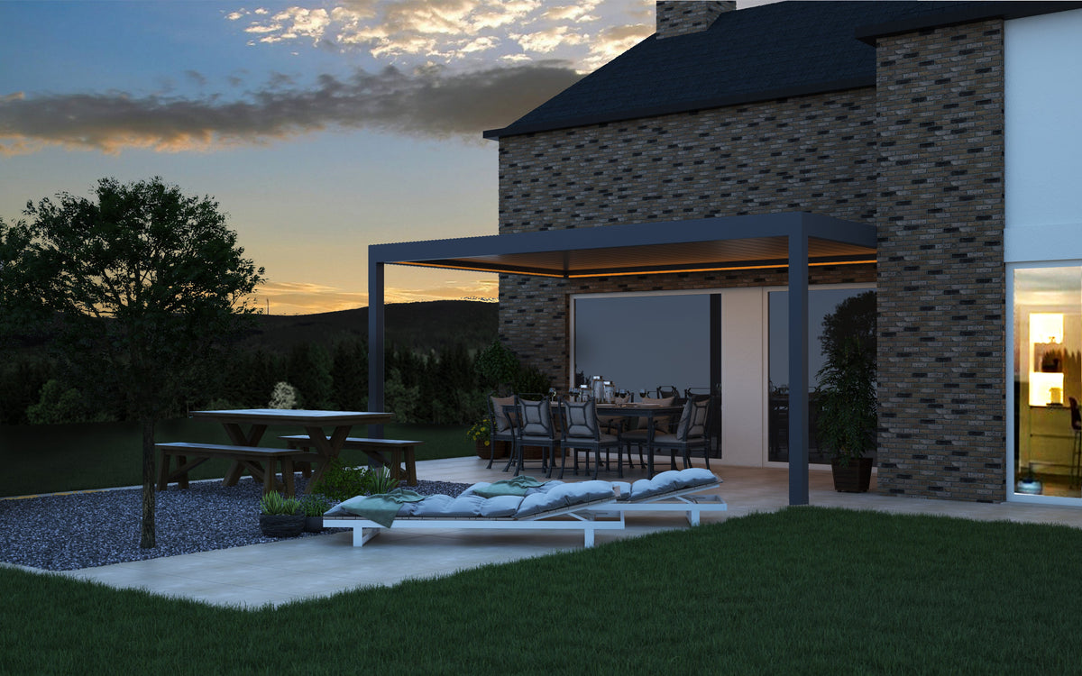 The Portico pergola in white from inside looking up through open louvres