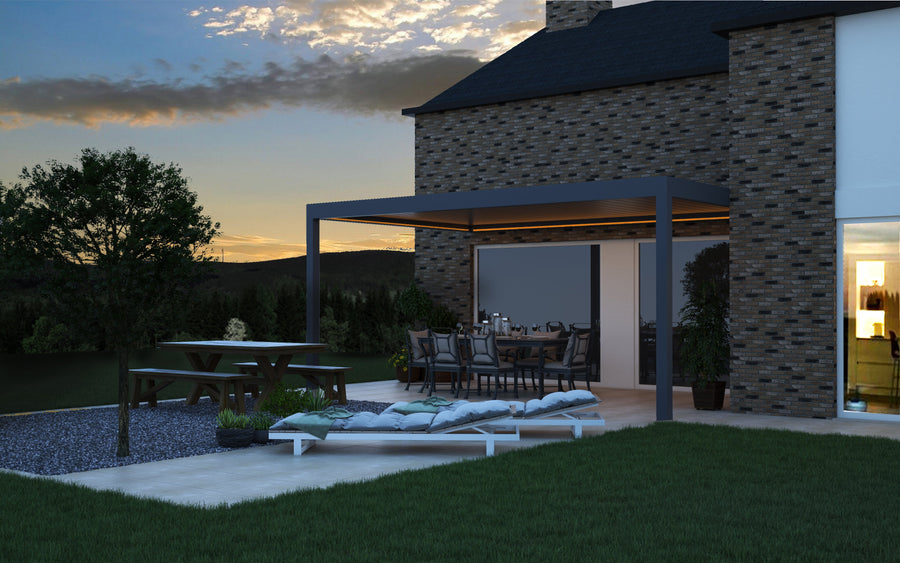 The Portico pergola in white from inside looking up through open louvres