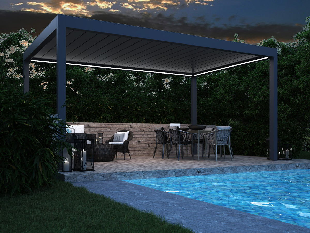 Portico pergola in white wall-mounted with louvres open, outdoor seating below
