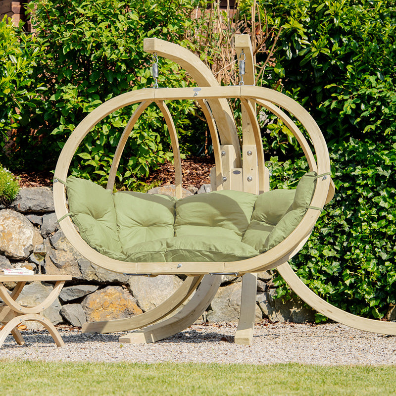 Globo Royal Oliva Double Seater Hanging Egg Chair — in use outdoors