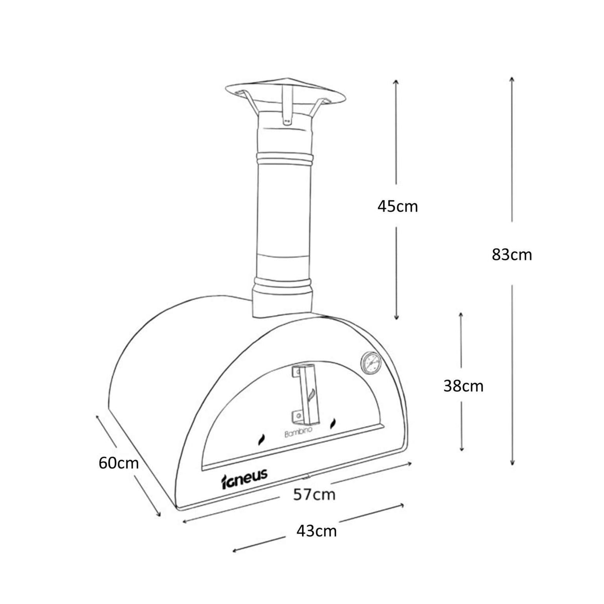igneus bambino wood fired pizza oven dimensions diagram