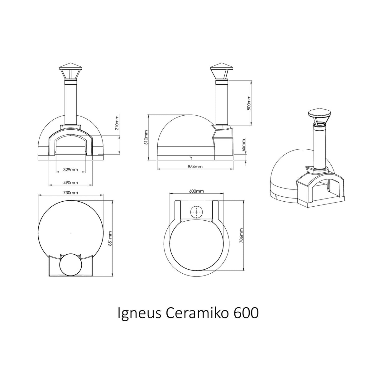 Igneus Ceramiko 600 Wood Fired Pizza Oven — dimensions diagram, side profile