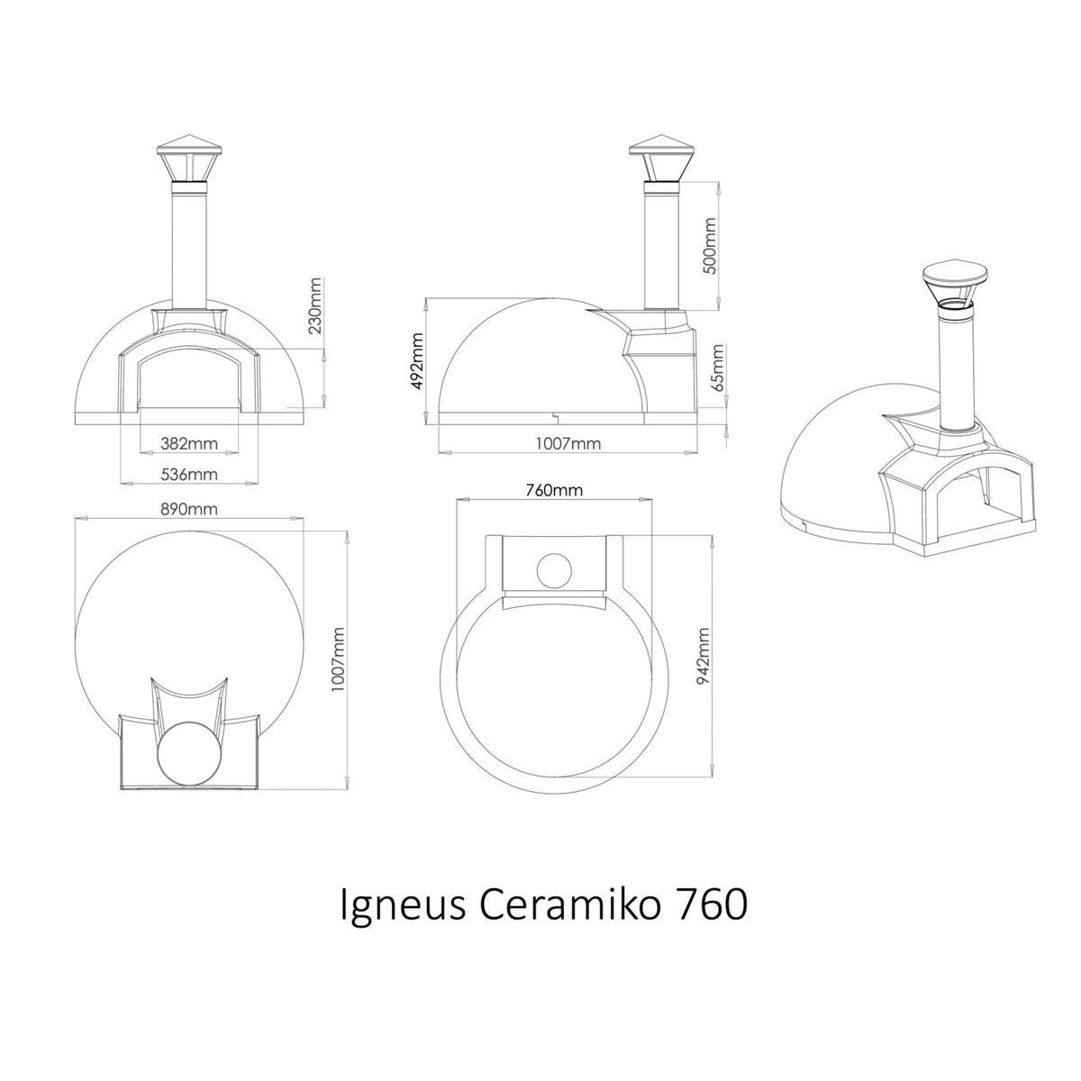 Igneus Ceramiko 760 Wood Fired Pizza Oven — dimensions diagram, from a distance