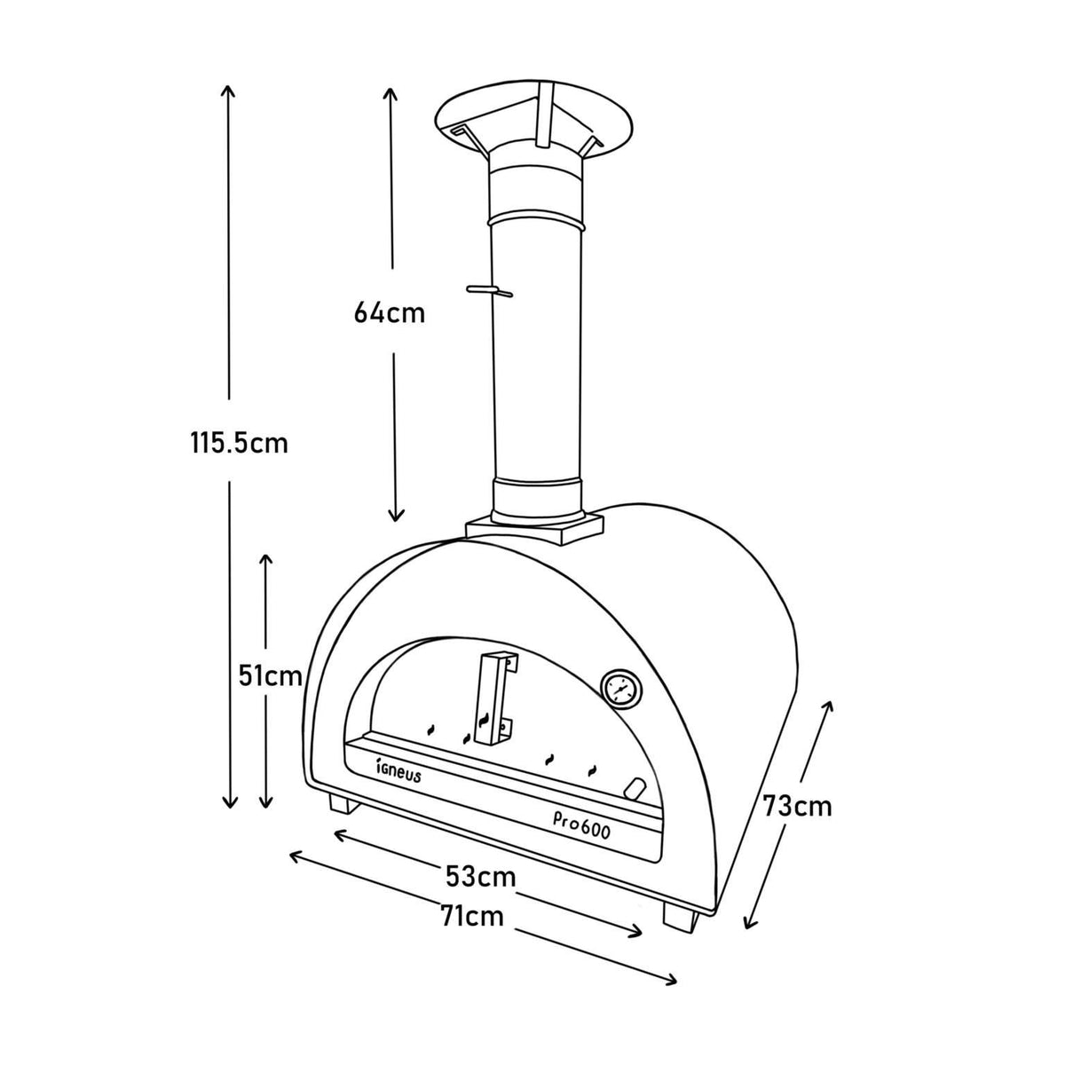 igneus pro 600 wood fired pizza oven dimensions diagram