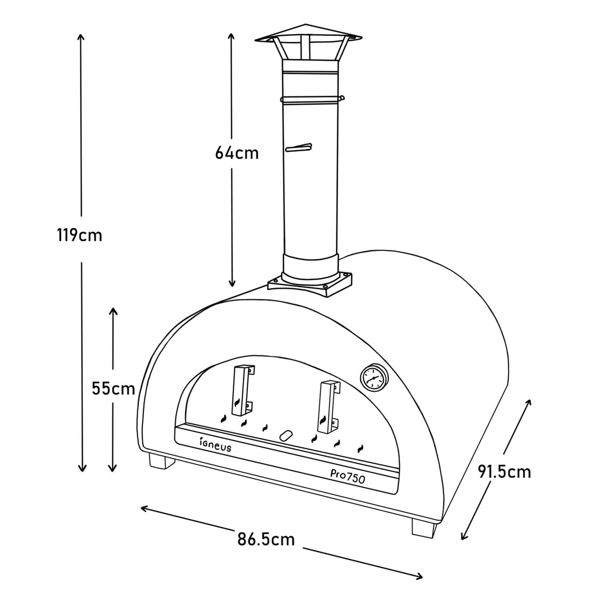 igneus pro 750 wood fired pizza oven dimensions diagram