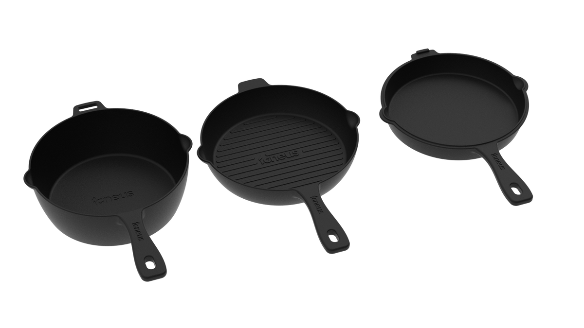 Igneus 3 Part Cast Iron Pan Set — styled in a garden setting