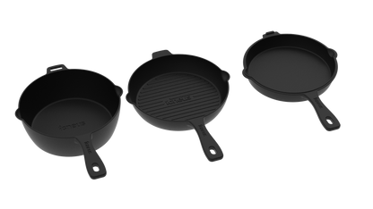 Igneus 3 Part Cast Iron Pan Set — styled in a garden setting