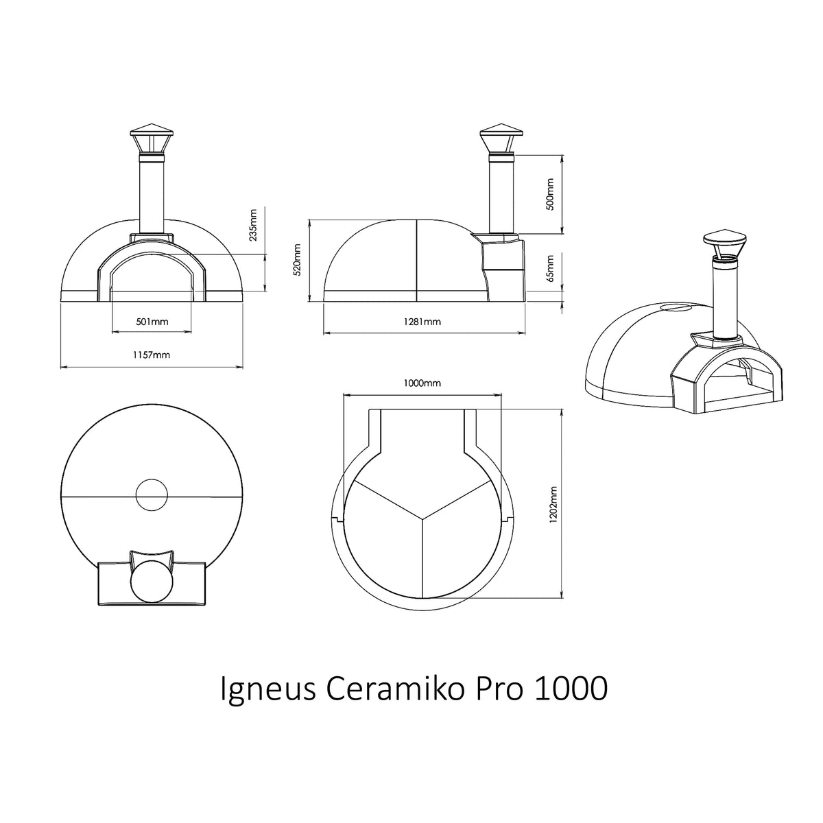 Igneus Ceramiko Pro 1000 Wood Fired Pizza Oven — dimensions diagram, in a patio setting