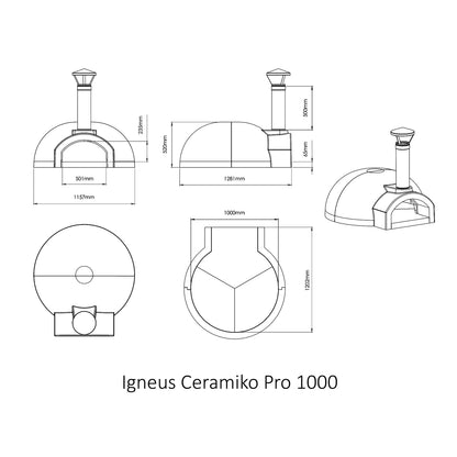 Igneus Ceramiko Pro 1000 Wood Fired Pizza Oven — dimensions diagram, in a patio setting