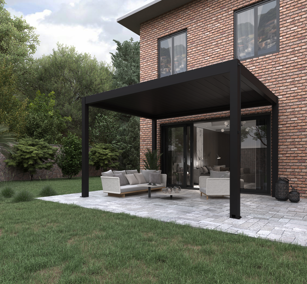 The Portico louvred aluminium pergola in white with louvres partially open from garden