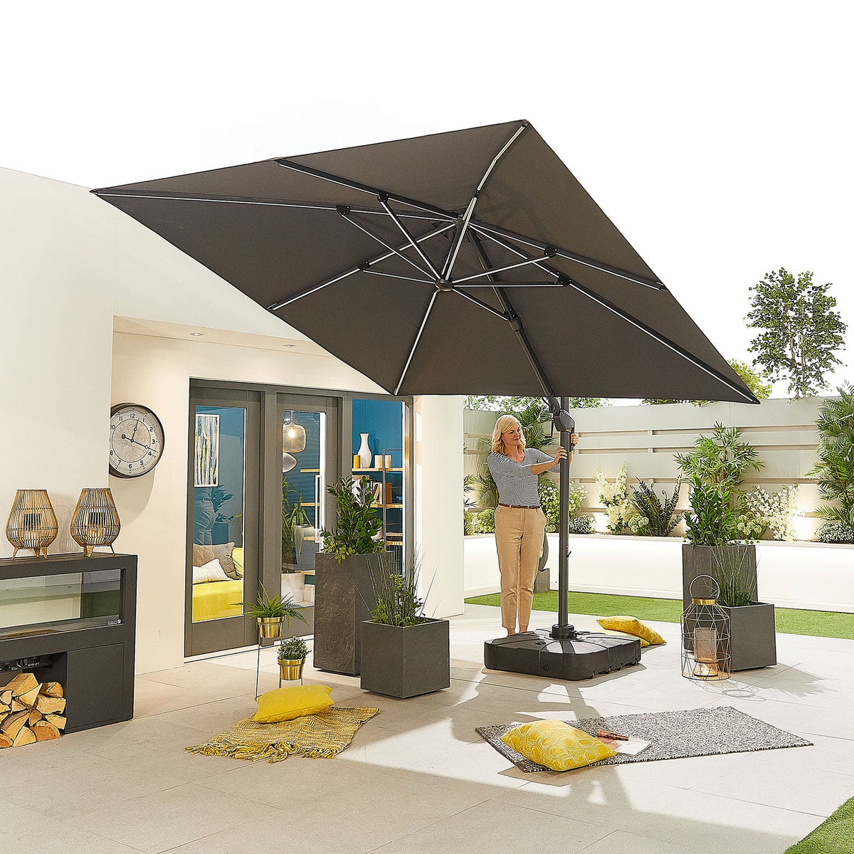 Parasol Base — styled in a garden setting