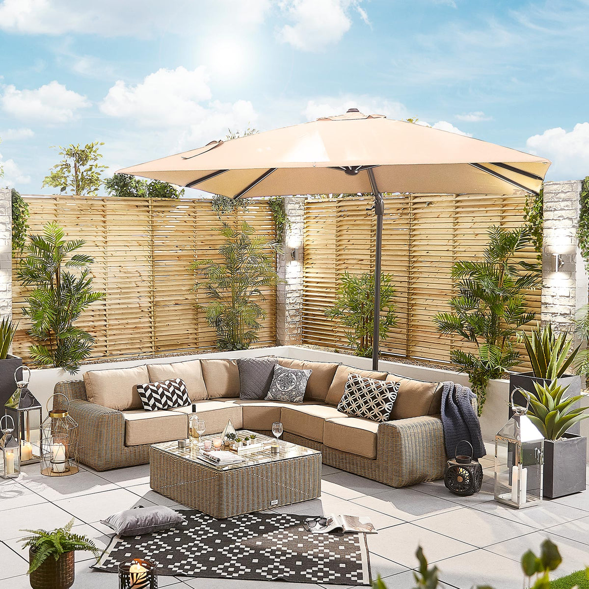 Galaxy Grey Frame LED Cantilever Parasol — in use outdoors