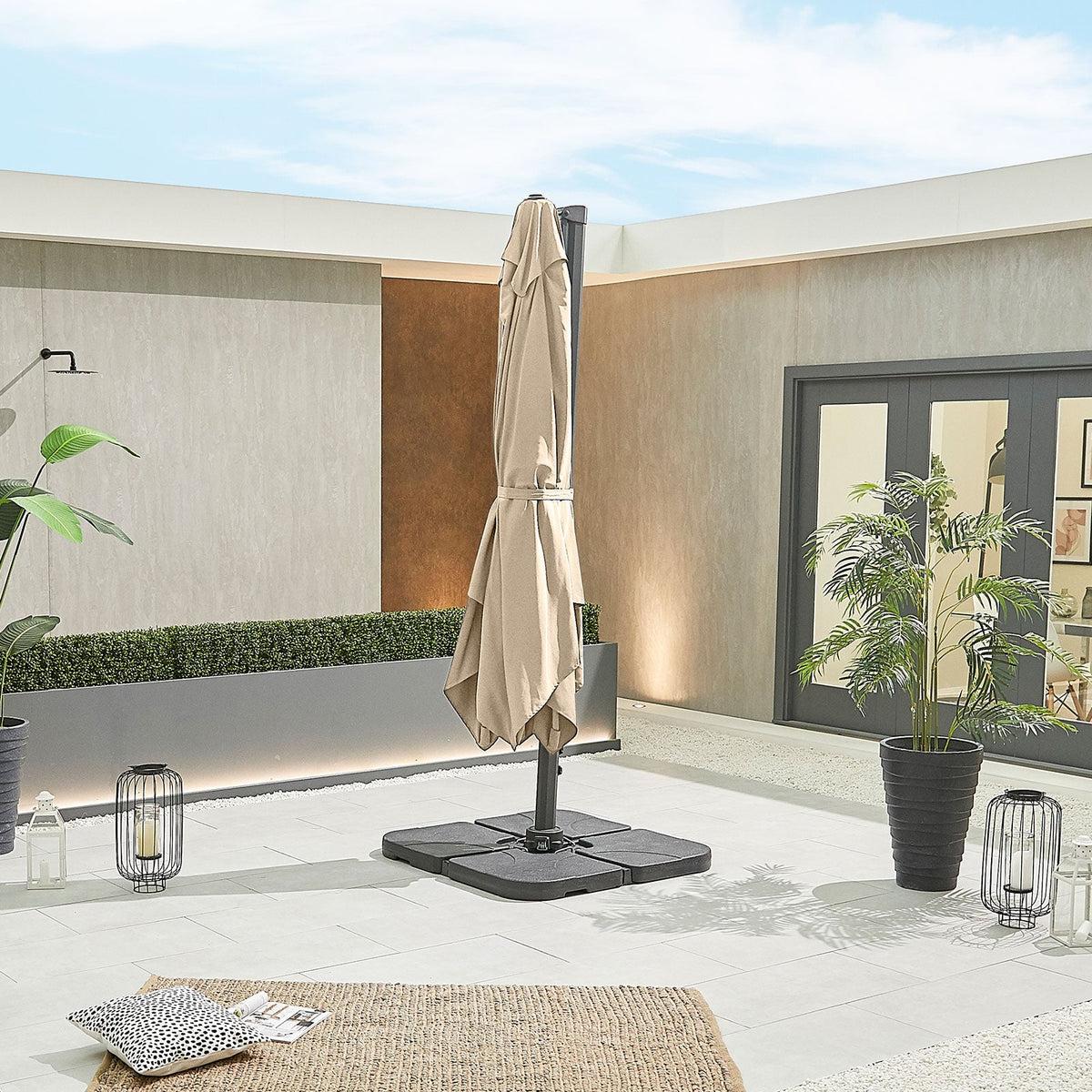 Genesis Grey Frame Cantilever Parasol — set up and ready to use