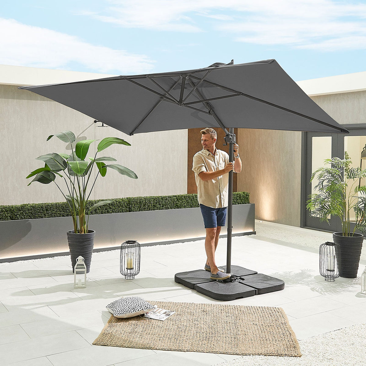 Apollo Cantilever Parasol — in a contemporary garden