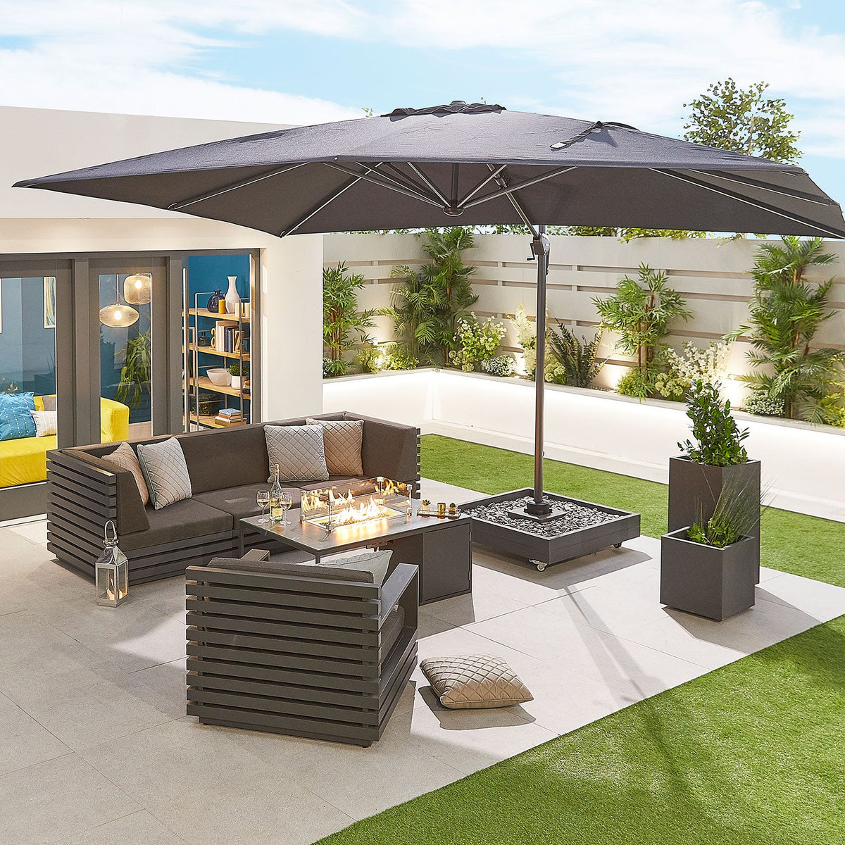 Galaxy Grey Frame LED Cantilever Parasol — set up and ready to use