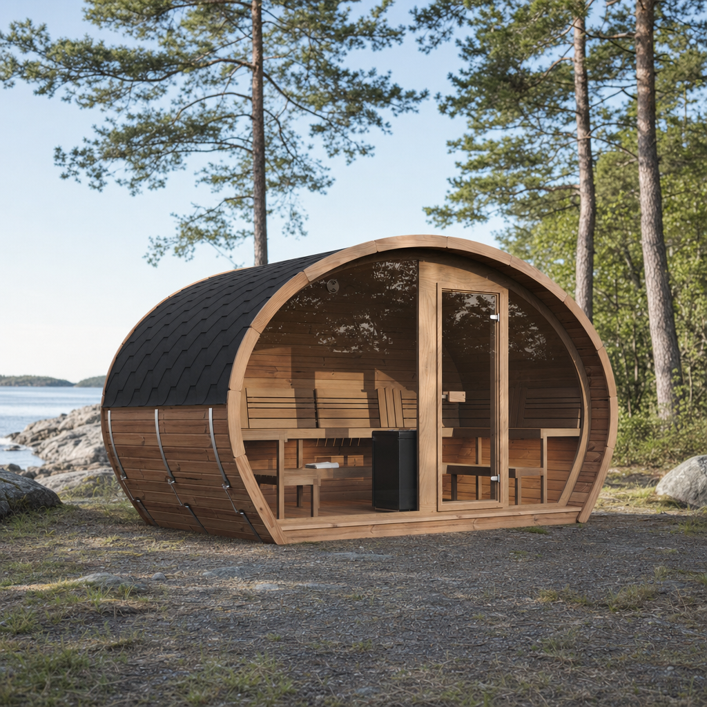 Oval Sauna Frodo 240 XL Room — 5–6 Person Thermowood Garden Sauna, Full Front Glass, 4 × 2.4m