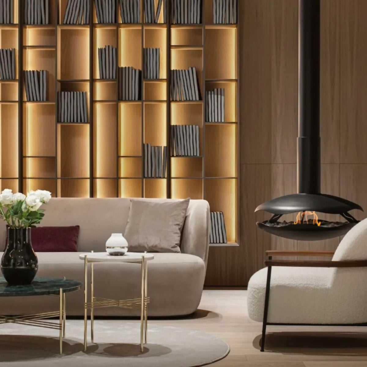 Glammfire Perola Suspended Fire — from an angle