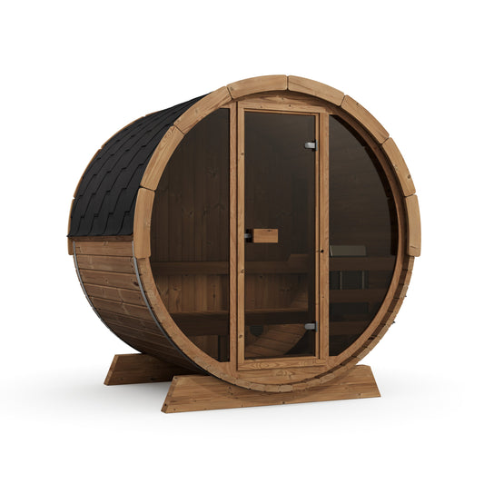 Pool Sauna — Full Front Glass Thermowood Barrel Sauna for Poolside — thermowood — angle view 1
