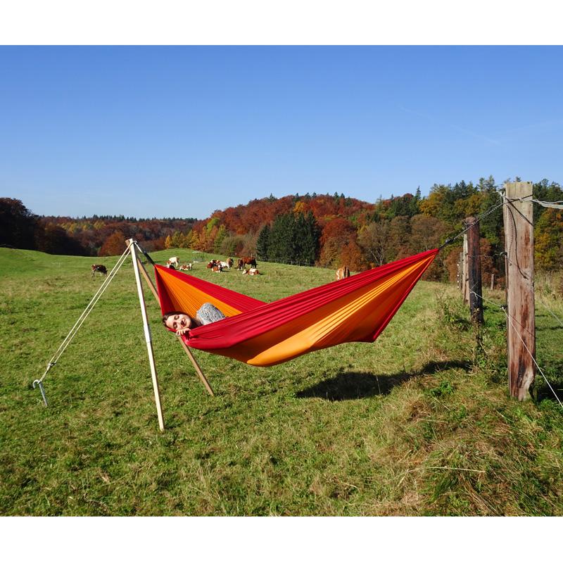 Madera Wooden Post Hammock Stand — in use outdoors