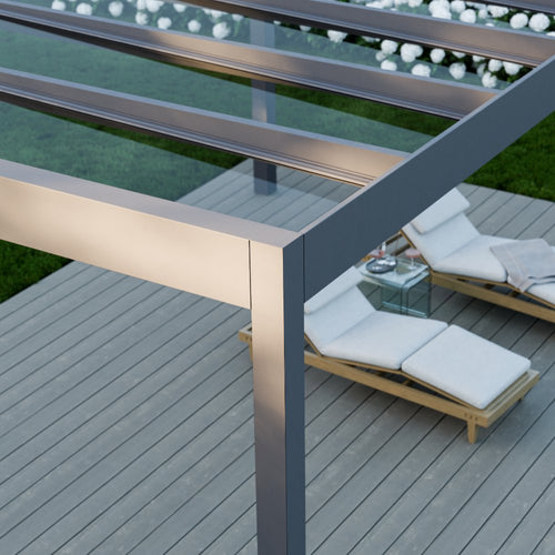 Glass Roof Aluminium Pergola | The Cristallo | Reinforced Safety Glass | Extra-Wide Panels | Spans Up To 7m | Integrated LED