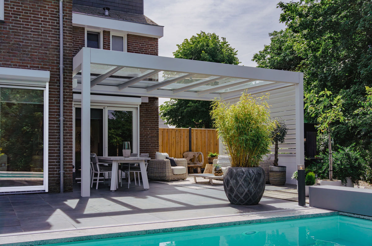Glass Roof Aluminium Pergola | The Cristallo | Reinforced Safety Glass | Extra-Wide Panels | Spans Up To 7m | Integrated LED