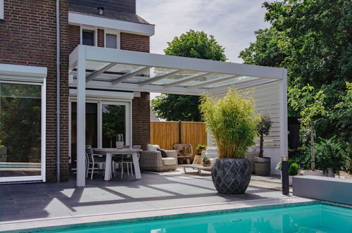 Glass Roof Aluminium Pergola | The Cristallo | Reinforced Safety Glass | Extra-Wide Panels | Spans Up To 7m | Integrated LED