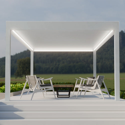 Motorised Pergola | The Aperto | Sliding Retractable Panels | Spans Up To 7m | Integrated LED | Wall-Mounted or Freestanding