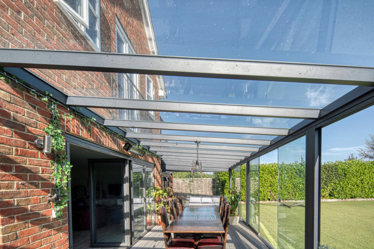 Aluminium Veranda | The Nobile | Wide Span Up To 7m | Extra-Large Gutter | Polycarbonate or Glass Roof