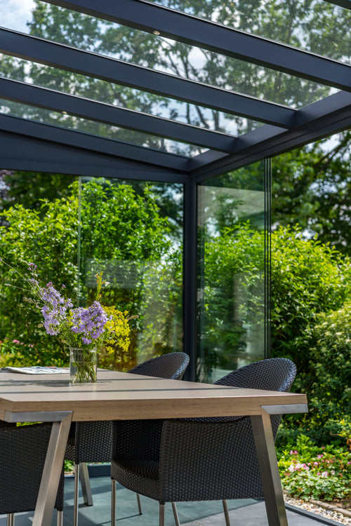 Aluminium Veranda | The Nobile | Wide Span Up To 7m | Extra-Large Gutter | Polycarbonate or Glass Roof