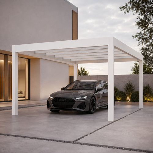 Glass Roof Aluminium Carport | The Rimessa | Reinforced Safety Glass | Extra-Wide Panels | Spans Up To 7m | Integrated LED