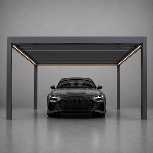 Glass Roof Aluminium Carport | The Rimessa | Reinforced Safety Glass | Extra-Wide Panels | Spans Up To 7m | Integrated LED
