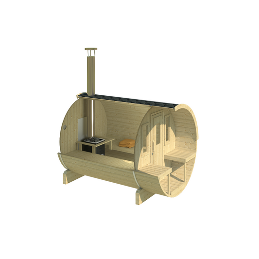Barrel Sauna 280 — Spruce Garden Sauna for Bigger Groups, 2.8m — spruce — side view 1